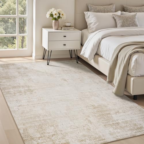 5x7 Area Rugs for Living Room Non Slip Machine Washable Rug Distressed Abstract Soft Indoor Carpet Neutral Boho Rug for Bedroom Dining Room Playroom Office, Beige - color: Beige, size: 5' x 7' (Rectangular)