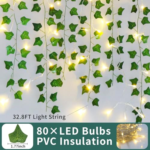 Freyalife Fake Vines for Room Decor(24Pack168Ft),with CE Certified 160 LED String Lights,Artificial Plant Ivy for Aesthetic Home Bedroom Wall Wedding Party Office Patio Indoor, Outdoor Garden Décor - color: Ivy String Lights-usb Battery Box, size: 24Pack