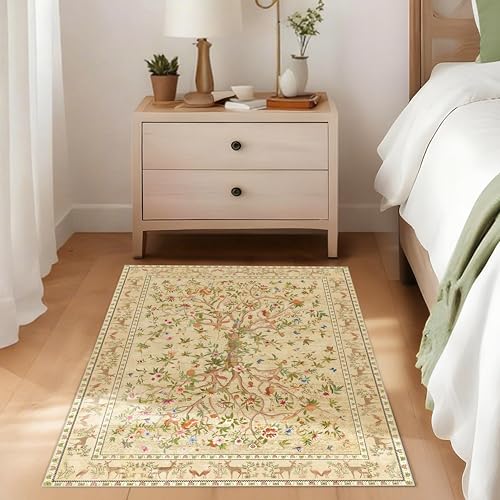 Entryway Rug 2x3 Washable, Non-Slip Small Area Rug, Boho Floral Botanical Low Pile Carpet for Front Door, Bathroom, Kitchen, Beige - color: Beige, size: 3' x 2' (Rectangular)