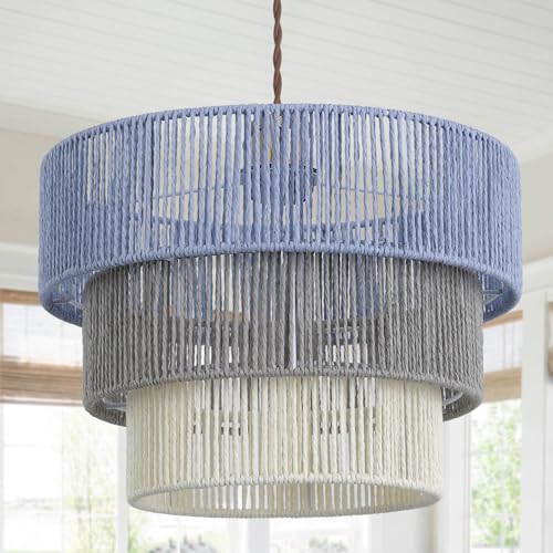 Boho Rattan Lamp Shade in Pastel Blue Gray & White, 3-Tier Drum Style Replacement Shade for Pendant, Chandelier, Floor Lamp, Rustic Hand-Woven Cover for Living Room, Kitchen, Bedroom, Office - size: style C