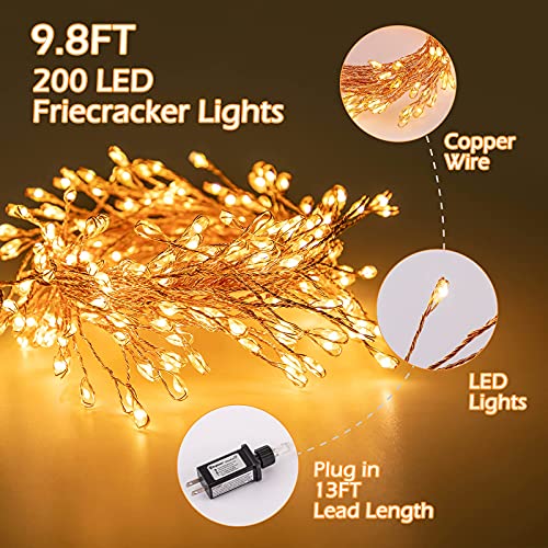Minetom Fairy Lights Plug in, 10Feet 200LED Cluster String Lights, Copper Wire Waterproof Starry Firecracker Lights for Ceiling Bedroom Wreath Window Wedding Christmas Tree Decorations, Warm White - color: Warm White, size: 1 Pack(200LED)