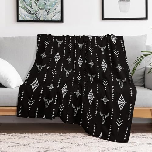 Aztec Tribal Blanket,Boho Bull Skull Vintage Rustic Southwest Navajo Primitive Nation Black Cow Head Totem Black Cat Blanket for Couch Sofa Bed Decorative Gifts 30x40 - color: Blanket-25, size: 30"x40"