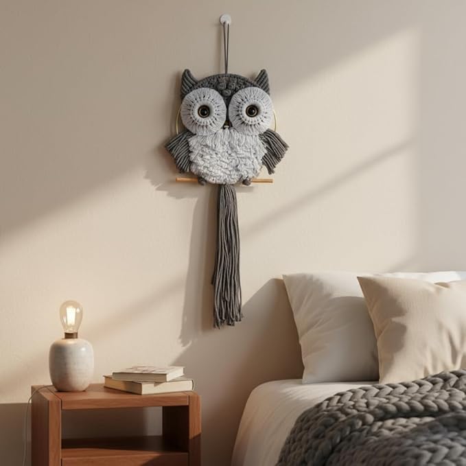 ACEDSGN Macrame Owl Wall Hanging Boho Dream Catcher, Handmade Tapestry Fiber Art Wall Decor for Nursery Bedroom Living Room, Sustainable Gift for Owl Lovers & Nature Fans - Gray