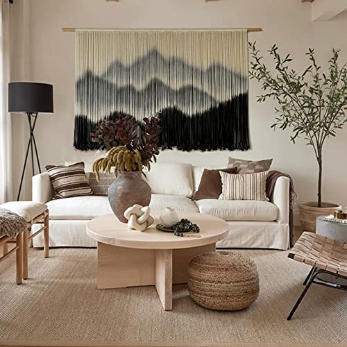 IOWER Macrame Wall Hanging Mountain Dip-Dyed Macrame Wall Decor Large Modern Fiber Art Boho Wall Decor 57" Wx35 L - color: black