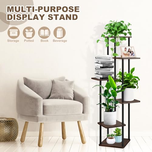 6 Tier Plant Stand Indoor, Thickened Metal Wood Corner Plant Shelf Stands for Multiple Plants, Indoor Tall Plants Stand Tiered Flower Holder for Living Room Patio Garden Balcony(Black+Oak) - color: Black+Oak, size: 6 Tier