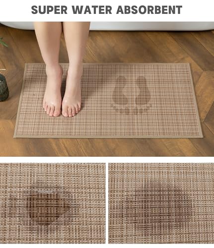 YIHOUSE Bathroom Rugs Sets 2 Pieces, Khaki Ultra Thin Bath Mats Fit Under Door, Absorbent Quickly Dry Rubber Backing Braided Bath Mat Set, Non Slip Washable Bath Rugs for Bathroom Floor, Khaki - color: Khaki Multi, size: 2pieces