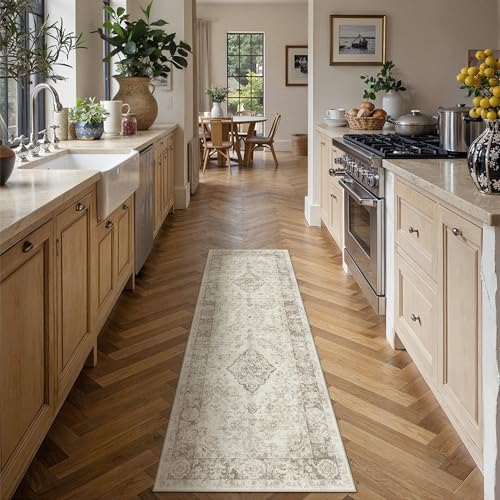 PureCozy Beige 2x6 Runner Rug for Hallway Washable Neutral Vintage Floral Medallion Soft Long Carpet Low Pile Non Slip Distressed Indoor Doormat for Kitchen Laundry Dining Living Room - color: Beige/Cream, size: 2' x 6' (Runner)