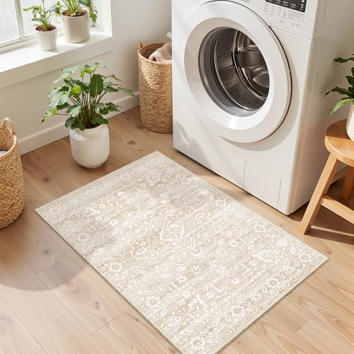Soalmost 2x3 Area Rugs for Entryway,Washable Vintage Low Pile Non-Slip Throw Area Rugs, Accent Rug Floral Print Indoor Mat for Bedside Living Room Kitchen Bedroom (Beige,2'x3') - color: Beige, size: 2' x 3' (Rectangular)
