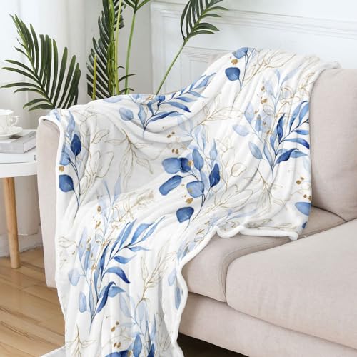 Eucalyptus Leaf Blanket, Botanical Plants Throw Blanket, Soft, Flannel, Warm, Watercolor Floral Throw Blanket Blue Botanical Floral Aesthetic Bed Blanket for Couch Bedroom Living Room 60X80 Inch - color: Blue, size: 60 X 80