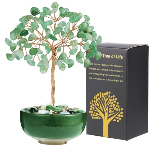 Green Aventurine Crystal Tree with Ceramic Base,Natural Gemstone Feng Shui Money Tree for Wealth,Good Luck & Positive Energy,Handmade 5 Inch Healing Abundance Bonsai for Home Office Decor - color: Green Aventurine Vase Tree-2
