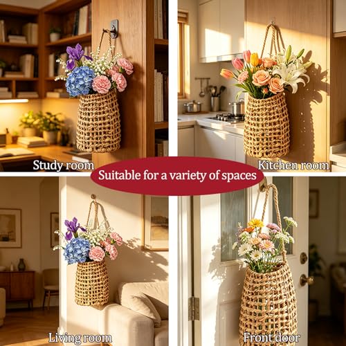 Natural Handwoven Water Hyacinth Hanging Basket – Boho Wall Decor for Front Door, Flowers, Mail & Veggies Storage – Wicker Organizer for Home, Pantry, Garden, Farmhouse