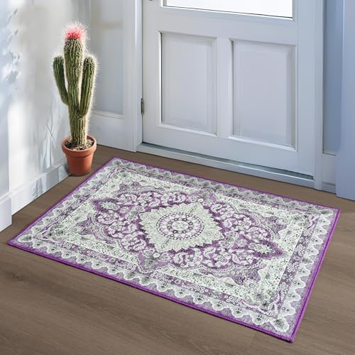 Foxmas Small Rugs for Entryway 2x3 Feet, Non-Slip Doormat Indoor Entrance Vintage Washable Area Rug, Low Pile Throw Rugs for Entryway Bedroom Kitchen Living Room, Purple - color: Purple, size: 2' X 3' (Rectangular)