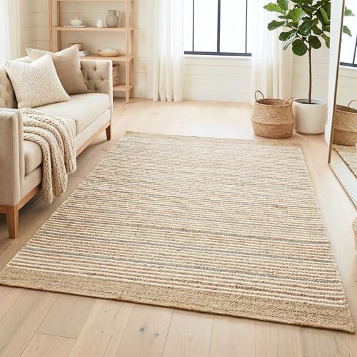 Homespice Remi Handwoven Jute Rug 4x6' - Soft & Thick Premium Jute & Wool Natural Fibre Rugs for Bedroom and Office, Lays Flat, Won't Fray or Shed, Warm Tan, Ivory & Gray Stripes - color: Remi, size: 4' x 6' (Rectangular)