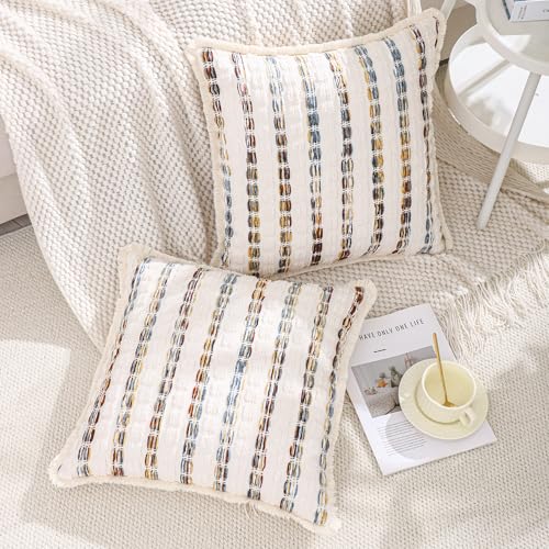 LUOYEHK Chenille Striped Throw Pillow Covers 20x20 Inch Set of 2 Boho Decorative Pillowcases with Fringe Farmhouse Neutral Cushion Covers for Couch Sofa Bed Living Room, Blue Brown - color: Blue Brown, size: 20" x 20" (Pack of 2)