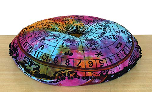 CRAFT KALA Mandala Floor Pillow Cushion Cover Seating Throw Cover Hippie Decorative Bohemian Ottoman Poufs Pom Pom Pillow Cases Boho Indian Cotton Living Room Yoga Home Décor (24" Round, Multi Zodiac) - color: Multi Zodiac, size: 24" x 24" (Pack of 1)