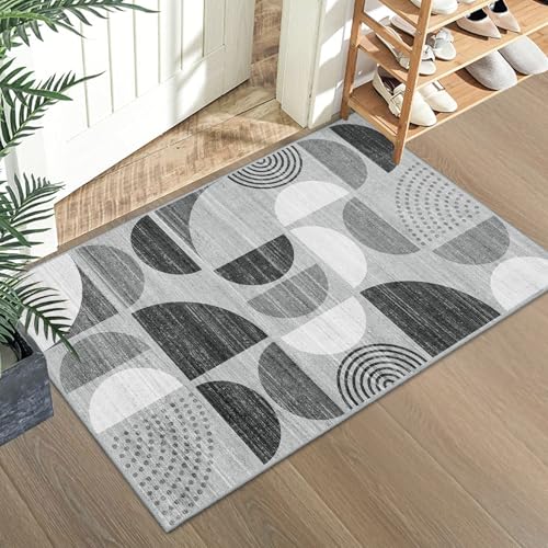 MUJOO Small Rug Washable,Boho Area Rugs for Entryway Bathroom Entry Entrance Bedroom Kitchen,Front Door Mat Throw Carpet Non Slip Indoor Soft Modern Abstract 2x3 Black and Grey - color: Black and Grey, size: 2' x 3' (Rectangular)