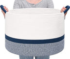 67L Large Blanket Basket, 20"x13" Blanket Basket Living Room, Woven Baskets With Handle, Toy Baskets for Blankets, Nursery, Dog, Pillow, Gift (White & Navy Blue) - color: White & Navy Blue, size: 67L