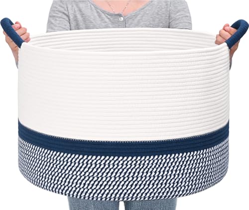 67L Large Blanket Basket, 20"x13" Blanket Basket Living Room, Woven Baskets With Handle, Toy Baskets for Blankets, Nursery, Dog, Pillow, Gift (White & Navy Blue) - color: White & Navy Blue, size: 67L