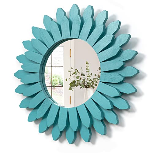Honiway Beach Wall Decor Mirror 12 inch Wood Coastal Wall Decor Sunburst Boho Home Decor Room Decor for Bedroom Living Room Bathroom Cyan - color: Cyan, size: 12 inch (1 pack)
