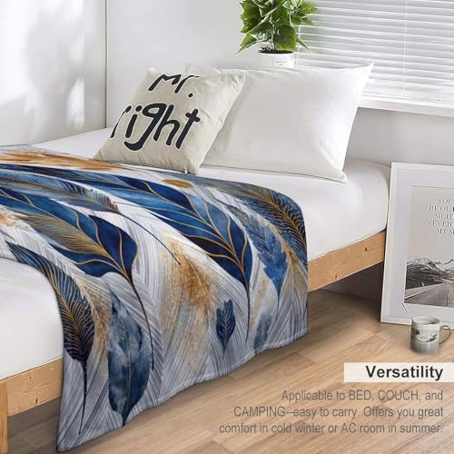 Blanket Luxury Feather Leaf Plant Blue Throw Blanket for Women Men, 40"x50" Golden Foliage Plush Flannel Throws, Decor for Bed Couch Bedroom - color: Luxury Feather Leaf Plant Blue, size: 40"x50"