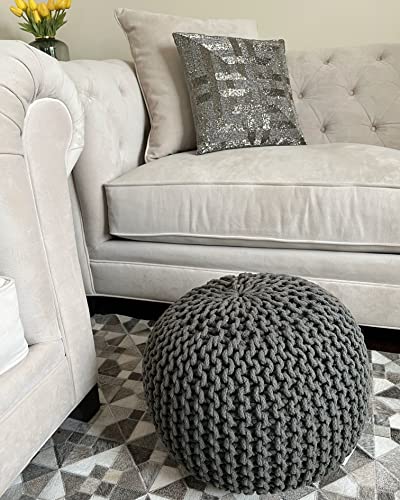 NOORI Rug Home - 100% Handmade & Handcrafted Premium Cotton Round Knitted Cable Style Pouf Foot Stool Ottoman Bean Bag Chair - Small Furniture - Sage, 17x17x14 (S119) - color: Sage