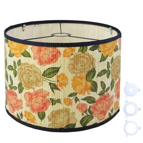 Bamboo Lamp Shade With Tropical Plants Chandelier Covers, Bohemian Farmhouse Drum Lamp Shade for Table Lamp Floor Lamp, Rustic Rattan Light Fixture for Bedroom Living Room (13x13x10 inch) - color: color8, size: 13*10