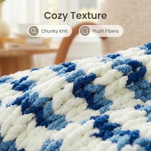 Amélie Home Chunky Knit Throw Blanket for Couch, Soft Chenille Handmade Crochet Throw Rope Knot Blanket for Couch, 50"x60", Space-Dyed Blue Striped - color: Blue/White Stripe, size: 50"x60"