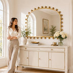 36"x28" Wide Arched Wall Mirror, Antique Gold Ball Frame with Beveled Glass, Large Horizontal Mantel Piece Over Fireplace or Above Sofa, Statement Metal Frame for Living Room - size: 28"L x 36"W