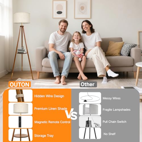 OUTON Wood Tripod Floor Lamp with Shelves, Mid Century Floor Lamp with Remote Control, 4 Color Temperature, LED Modern Dimmable Standing Lamp for Living Room, Bedroom, Office, Walnut & Gold - color: Walnut & Gold