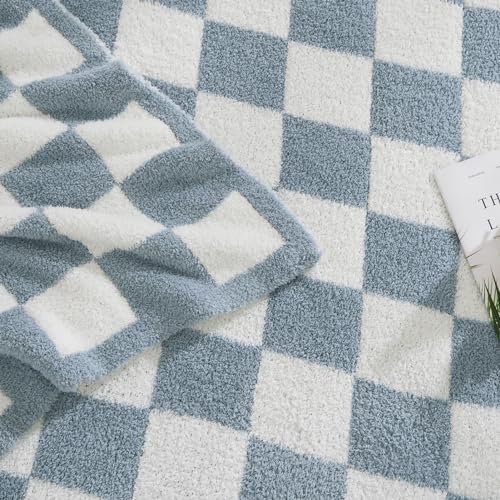 WRENSONGE Checkered Throw Blanket, Grey Blue Soft Cozy Fluffy Warm Hand Made Throw Blankets for Couch, Sofa, Chair, Bed, Camping, Picnic, Travel Lightweight Bed Blanket - 50"*70" - color: Arctic Blue, size: Throw-XL(50"x 70")
