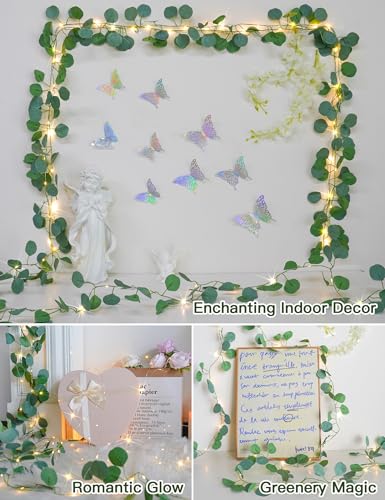 suddus Vines with Lights Battery Operated, 33ft 100 LED Eucalyptus Garland String Lights with Remote, Leaf Lights for Bedroom, Room, Wall, Garden, Party, Wedding Decor (Warm White) - color: Eucalyptus, size: 100 LED-Battery-Copper