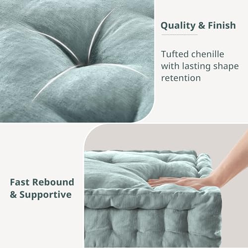 Intelligent Design Floor Pillow - Shredded Foam Filled Meditation & Yoga Cushion, Chenille Tufted, Handsewn Scalloped Edge, Oeko-TEX Certified, Azza, 20" x 20" x 5" Aqua - color: Aqua