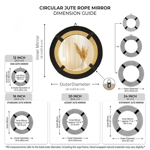 12" Inch Round Rustic Farmhouse Boho Shabby Chic Wall Hanging Mirror with Natural Jute Rope Decor Accent for Entryway, Bedroom, or Living Room (Color 1) - color: Color 1