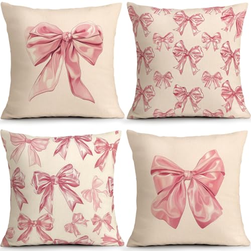 OBSEDE Cute Pink Bow Decorative Throw Pillow Covers 18 × 18 in, Set of 4, Couch Cushion Cases Inserts for Sofa Bed Living Room Home Decor, Single-Sided Print - color: Cute Pink Bow, size: 18" x 18" (Pack of 4)