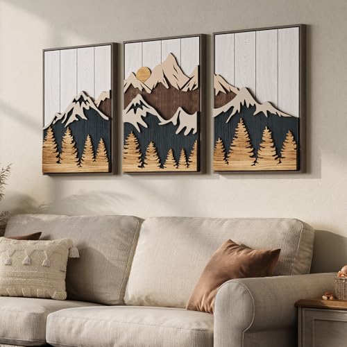 Framed 3D Wood Mountain Textured Wall Art for Living Room, 3 Piece Farmhouse Modern Wood Artwork for Walls, Landscape Mountain Forest Sun Wall Art Decor for Home Office Bedroom Hallway, 16x24 Inch - color: Neutral Blue White, size: 16" W x 24" H x 3Pcs