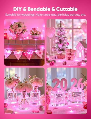 Brightown Valentine's Day 12 Pack Pink Led Fairy Lights Battery Operated String Lights Waterproof Silver Wire 7 Feet 20 Led Firefly Starry Moon Lights for DIY Wedding Party Bedroom - color: Pink, size: 12 Pack