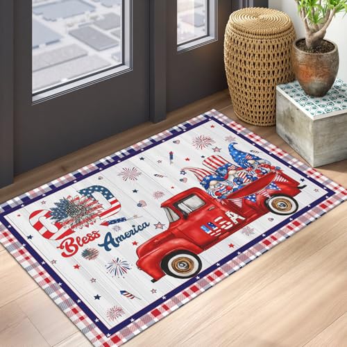 4th of July Area Rug 2x3 Patriotic Truck Gnome Stars Holiday Decorative Entry Rugs Independence Memorial Day Small Non-Slip Low Pile Front Door Mat Indoor Outdoor Entryway Carpet - color: 4th of July Truck Gnome