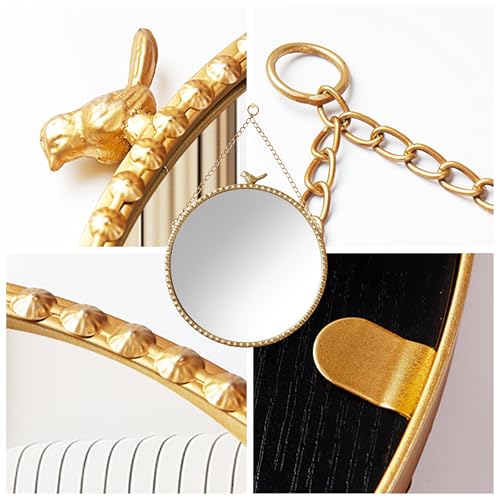 9.8 Inch Small Vintage Gold Round Wall Mirror with Sparrow Design-Iron Framed Mirror for Bathroom, Bedroom Or Dressing Room-Small Wall Mounted Mirror with Metal Bead Accents