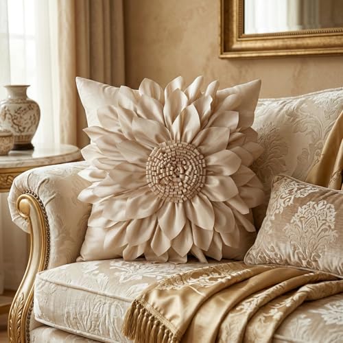 Bella's Giftshop 3D Sunflower Decorative Throw Pillow Covers for Bed Sofa Couch Car, Accent Floral Taffeta Cushion Cover, Handmade Pillow Cases Living Room Decor, 17x17 Inch-Beige/Taupe - color: Beige