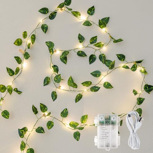 Vine Fairy Lights for Bedroom Wall, 23FT 73 LED Vine String Lights, USB/Battery Powered, Faux Pothos Garland with Light for Dorm Room, Wedding, Party & Home Decor, Warm White - color: Pothos, size: 73LED - Battery Powered
