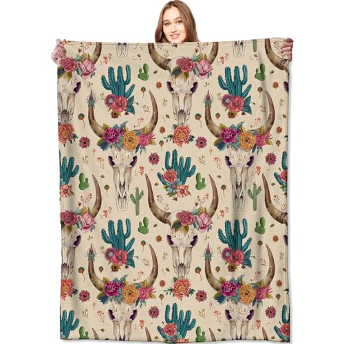 Western Cow Skull Blanket Cactus Boho Throw Blankets,Birthday Gifts for Kids Adult,Lightweight Soft Fleece with Southwestern Style,for Sofa Couch Bed Room Artistic Bohemian Decor 60x80in - color: Western, size: 60x80in