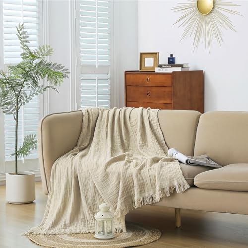 Cotton Muslin Throw Blanket with Tassels, Lightweight Woven Gauze, Pre-Washed Breathable Farmhouse Decor for Bed, Couch, All-Season Use (Beige, 50" x 60") - color: Beige, size: 50" x 60"