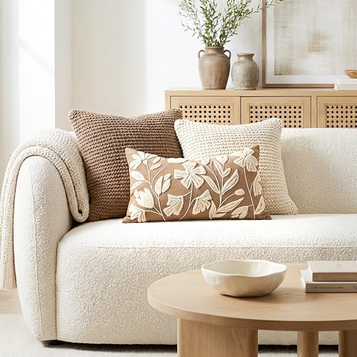 BlissBlush 12x20 Lumbar Pillow Cover, Rectangular Brown Decorative Throw Pillowcase for Couch Sofa, Embroidered Velvet Farmhouse Accent Cushion (Cover Only) - color: Warm Brown, size: 20" x 12" (Pack of 1)