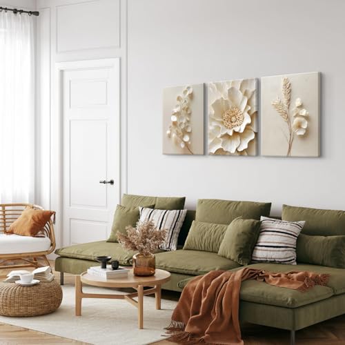 3 Pcs Neutral Beige Botanical Wall art Modern Minimalist Florals Wall Decor White Neutral Botanical Posters Prints Beige Bloom Florals Textured Paintings Vintage Blossom Pictures(16x24in Canvas) - color: Canvas-Beige, size: 16L" x 24W"