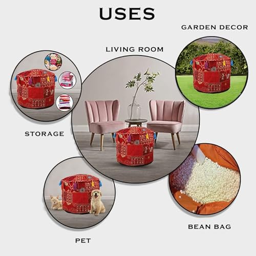 Bohemian Indian Patchwork Ottoman Pouf Cover – 18"x13" inch Round Cotton Embroidered Footstool Pillow – Vintage Ethnic Decor, Red (Cover Only) - color: Red, size: 18"D x 18"W x 13"H
