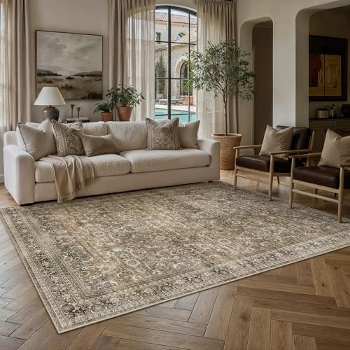 HUGEAR Area Rug 6x9 Vintage Brown Machine Washable Living Room Rugs Distressed Retro Floral Mid Pile Carpet Soft Thicker Carpet Bedroom Office Dining Room Laundry Room Non Slip Soft - color: Retro | Brown, size: 6' x 9' (Thicker)