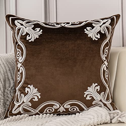 Aeckself European Floral Pillow Cover 18x18 Inch, Luxury Velvet Embroidered Decorative Throw Pillow Cover for Couch Bedroom Living Room, Brown and White - color: Brown, size: 18" x 18" (Pack of 1)