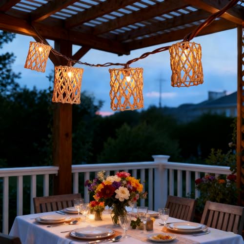 Decorative String Lights Plug in with 10 Incandescent Bulbs, Handwoven Rattan Cylinder-shaped Boho Lantern String Lights Connectable Weatherproof Outdoor Indoor for Bedroom Patio Pergola Decor (Beige) - color: Beige