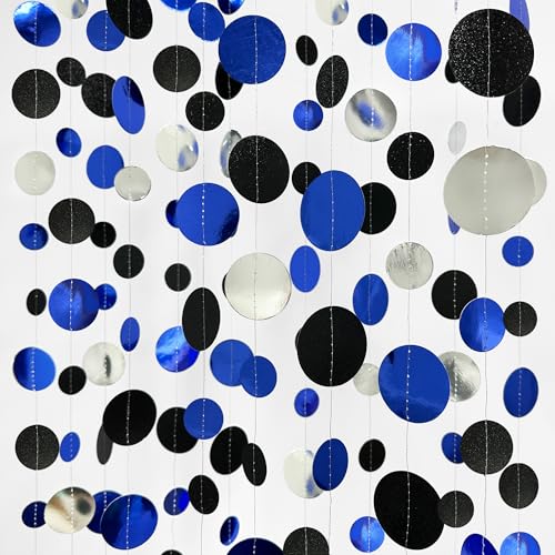 46Ft Navy Blue Black Silver Circle Dots Garland Royal Blue Black Polka Dots Streamer for Birthday Graduations Wedding Bridal Baby Shower Nautical Ahoy Achor Pirate Theme Party Decorations Supplies - color: Black Blue