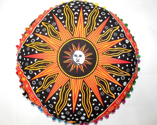 Round Mandala Floor Pillow Cover Seating Cushion Throw Cover Hippie Decorative Bohemian Ottoman Pouf Cover, Pom Pom Pillow Cases,Boho Indian 22 Inches Orange Burning Sun - color: Orange/Black, size: 22" x 22" (Pack of 1)